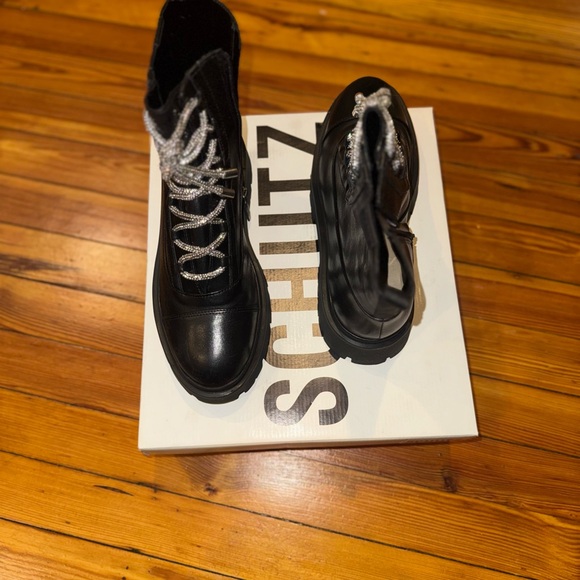 SCHUTZ Black Combat Boots with Silver Laces - Picture 2 of 6